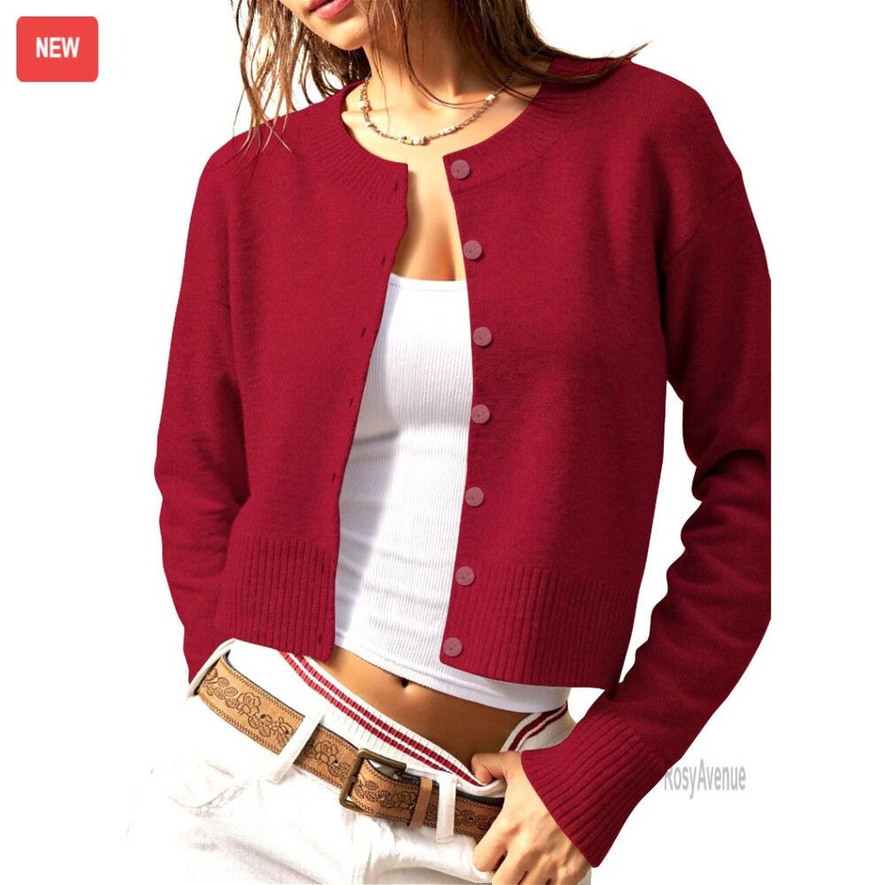 Cropped Knit Cardigan Slim Fit Button Down Long Sleeve Chic Layering Top
